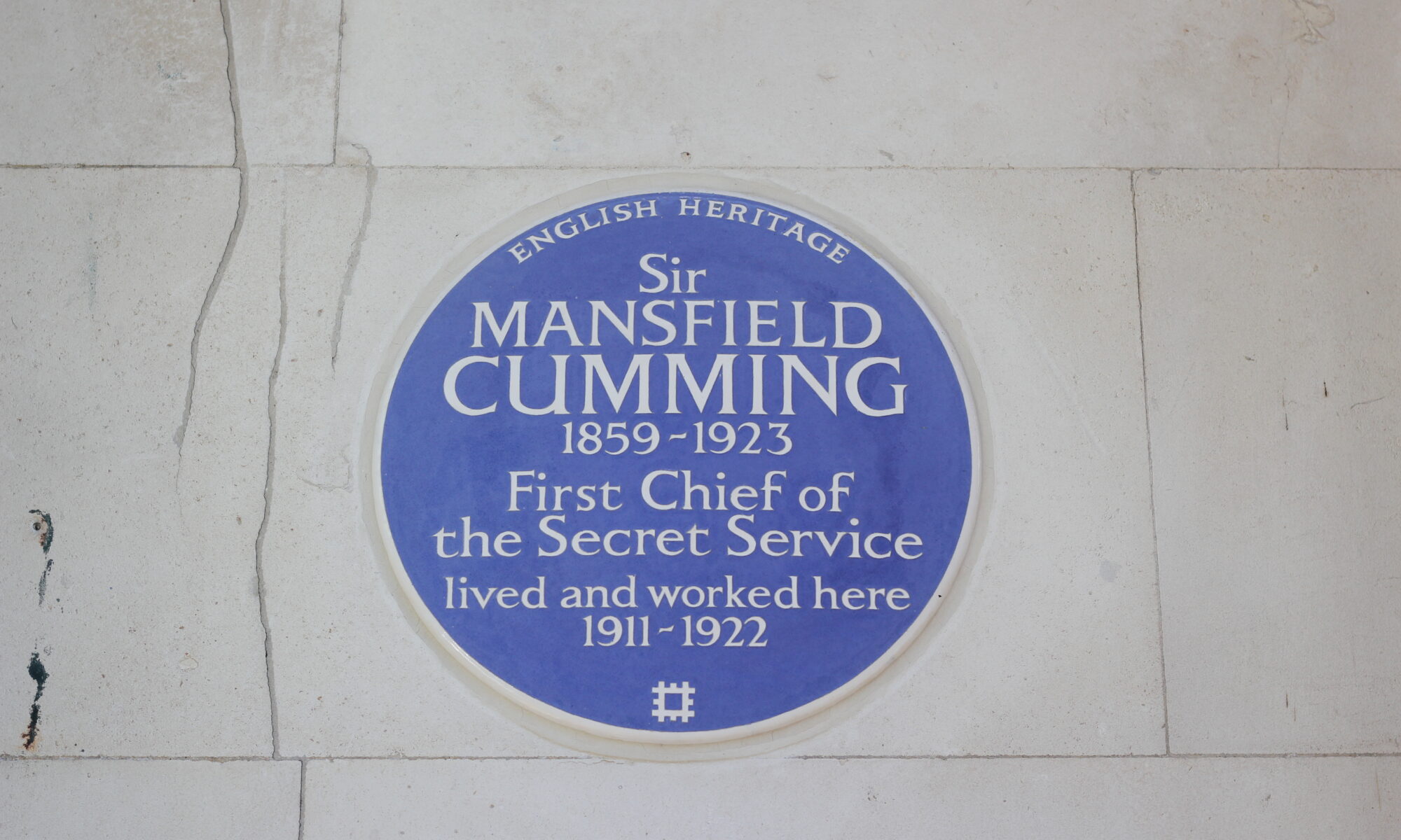 The blue plaque for Sir Mansfield Cumming the first 'C' or Director General of MI6